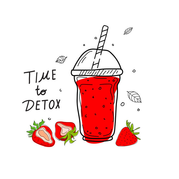 Smoothie cocktail for detox day poster in doodle style. Set of hand drawn ingredients for a cocktail or detox drink in a cup. Healthy food. Vector illustration Great for poster, banner.