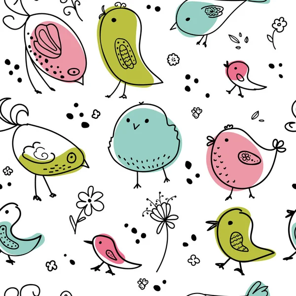 カラフルな鳥のシームレスなパターン 平手描き鳥のコレクション テキスタイルプリント 包装紙のためのかわいい背景 ベクターイラスト — ストックベクタ