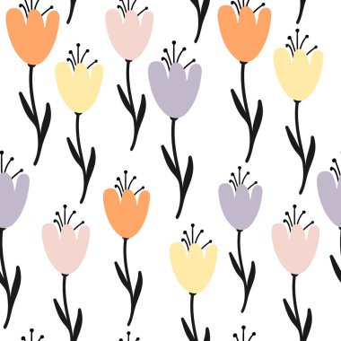 Çiçekli grafik karalama tasarımı. Kusursuz desen. Soyut minimal çiçek. Güzel çiçek arkaplanı. Tekstil ve duvar kağıtları için vektör sanat çizimi. Elle çizilmiş. El yazısı.