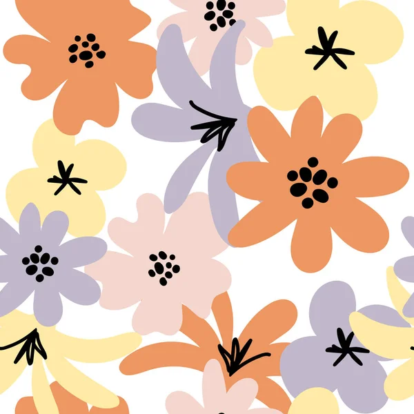 花のグラフィックスクリブルデザイン シームレスなパターン 抽象最小限の花 美しい花の背景 テキスタイル 壁紙のためのベクトルアートイラスト 手描き 手書き — ストックベクタ