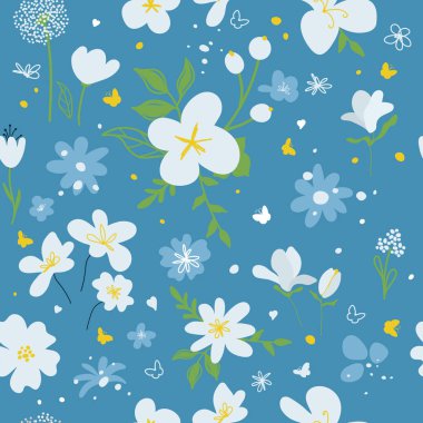 Garden flower, plants, botanical, seamless vector design for fashion, fabric, wallpaper and all prints on a blue background. Cute pattern in a small flower. Small colorful flowers. Hand-drawn. 