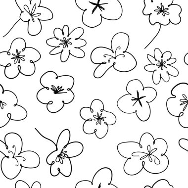 Bahçe çiçeği, bitkiler, botanik, moda, kumaş, duvar kağıdı ve beyaz arka plandaki tüm izler için kusursuz vektör tasarımı. Küçük bir çiçekte şirin siyah beyaz desen. El çizimi.. 