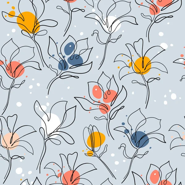 手描きのマグノリアの花 シームレスなパターン 連続線画 黒と白のラインアートとモクレンの花のスケッチ ベクターアートイラスト — ストックベクタ