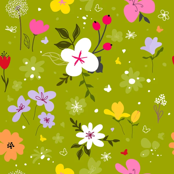 ファッション ファブリック 壁紙や緑の背景にすべてのプリントのための庭の花 シームレスベクトルデザイン 小さな花のかわいいパターン 小さなカラフルな花 手描き — ストックベクタ