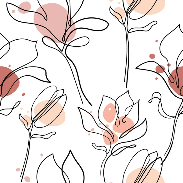 Hand Drawn Magnolia Flower Seamless Pattern Continuous Line Art Magnolia — Stock Vector