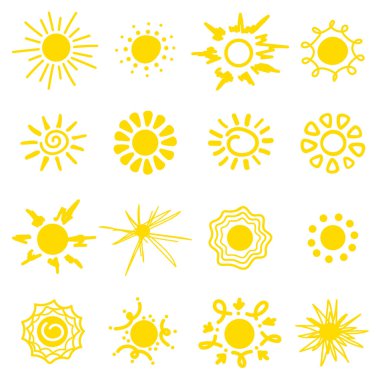 Güneş Işığı Işın Batımı. El çizimi Güneş simgesi beyaz arkaplanda izole edildi. Gün batımı simgesi koleksiyonu.