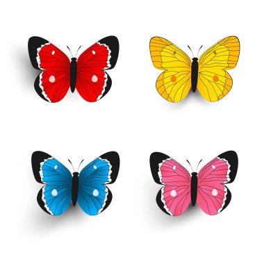 Kelebek kanatları. Gölgeli parlak ve izole kelebeklerden oluşan bir derleme. Güzel el çizimi böcekler.