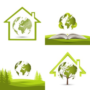 Çevre dostu bir dünya. Açık bir kitabın, bir evin, bir ağacın ve bir çimenin arkaplanına karşı yeşil küre koleksiyonu. Çevresel kavramlar ve gezegeni kurtarmak. Basit biçim.