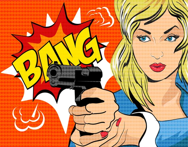 Pop art style vector illustration.  Woman with gun. — Stock Vector