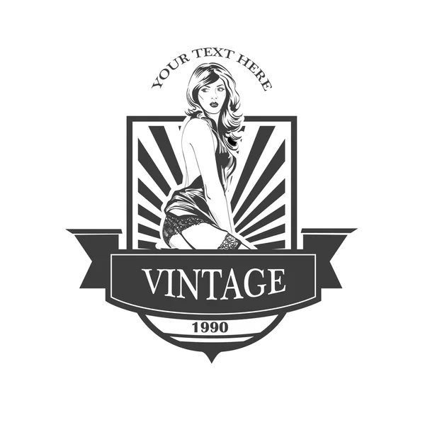 Emblema vintage com pin up mulher bonita. Ilustração vetorial —  Vetores de Stock