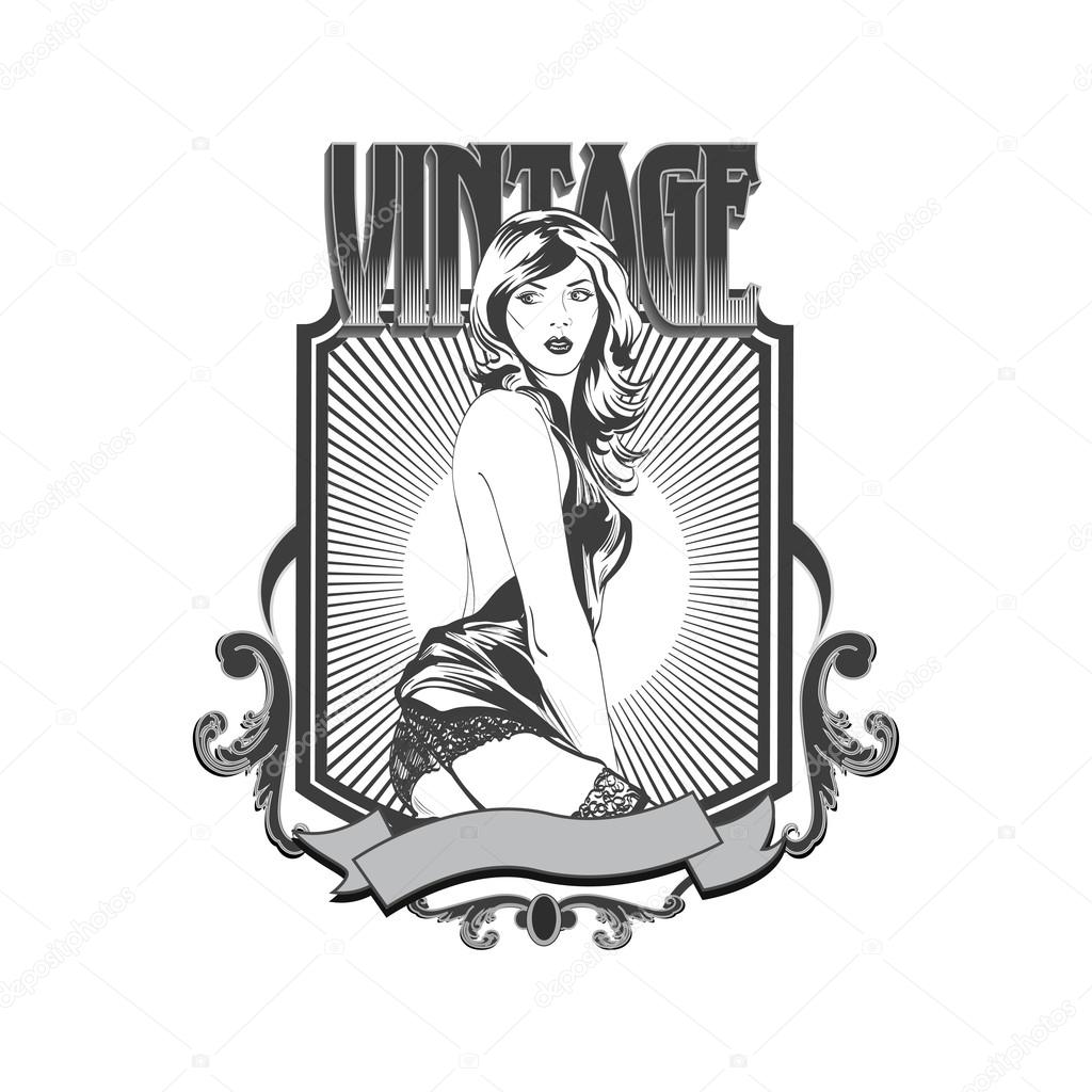 Vintage emblem with  pin up pretty woman