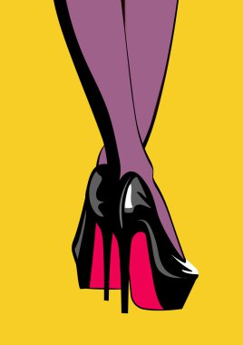 Kadın bacakları moda yüksek topuklu ayakkabı. Pop art illüstrasyon.