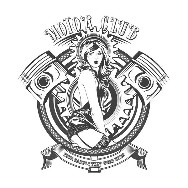 Vintage Motor Club Signes et étiquette avec une belle femme. Illustration vectorielle — Image vectorielle