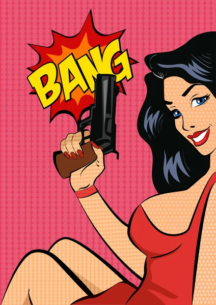 Pop art style vector illustration.  Woman with gun. — Stock Vector