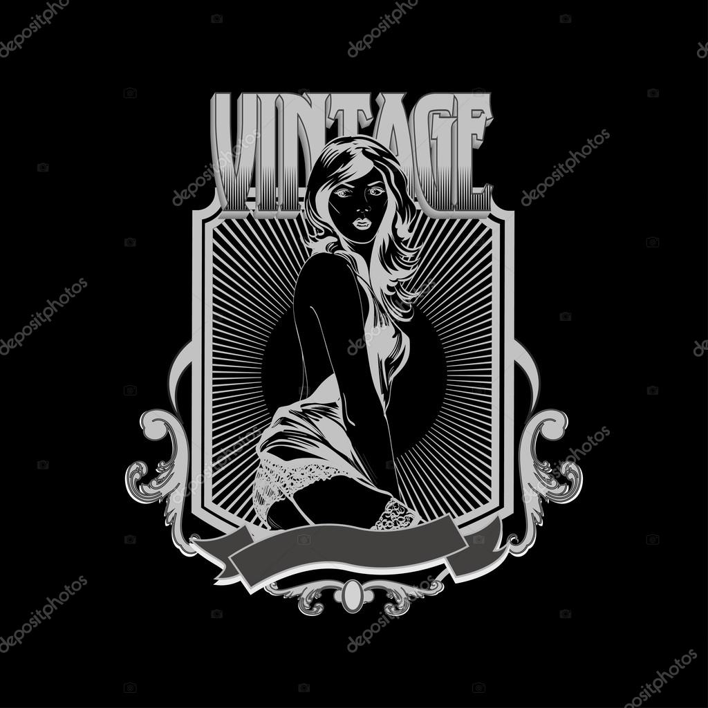 Vintage emblem with  pin up pretty woman