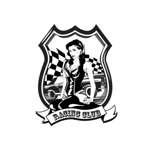 Rocznika wyścigów samochodów etykiety z kobietą, retro sport wektor znak — Wektor stockowy