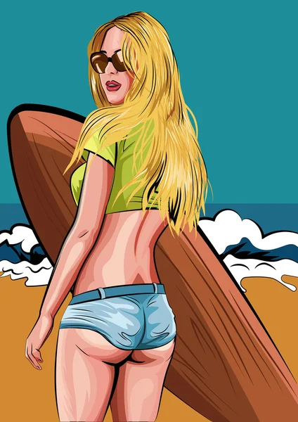 Chica surfista. Hermosa mujer de pie en la playa con tablas de surf. Ilustración vectorial . — Archivo Imágenes Vectoriales