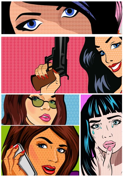 Illustrations for comic books with retro girl in pop art style — Stock Vector