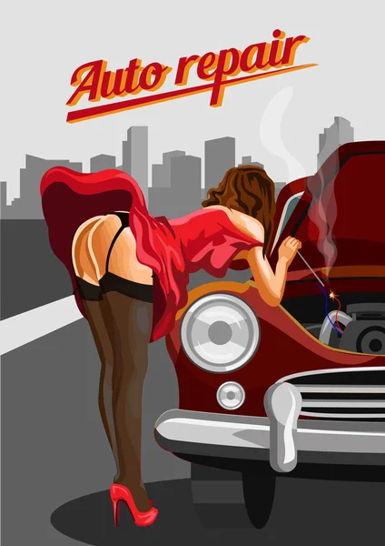 Woman in stockings  repairing the red car. Retro vector style illustration — Stock Vector