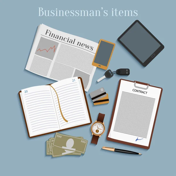 Business concept platte ontwerp bovenaanzicht. Zakenman items. — Stockvector