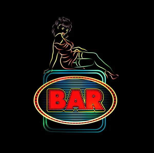 Neon sign bar with neon girl. Vector illustrator — Stock Vector