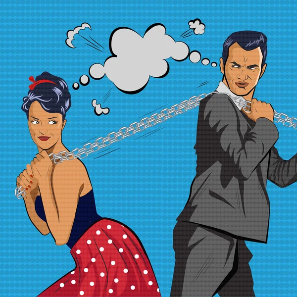 Una pareja compite. El hombre y la mujer tiran de la cadena. Ilustración vectorial . — Vector de stock