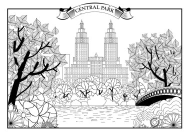 New York'taki Central Park manzara. Amerika Birleşik Devletleri. Siyah-beyaz grafik. Vektör çizim