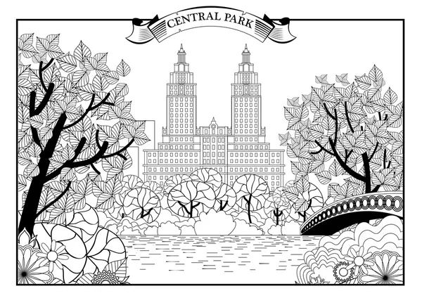 Paesaggio di Central Park a New York. Stati Uniti. Grafica in bianco e nero. Illustrazione vettoriale — Vettoriale Stock