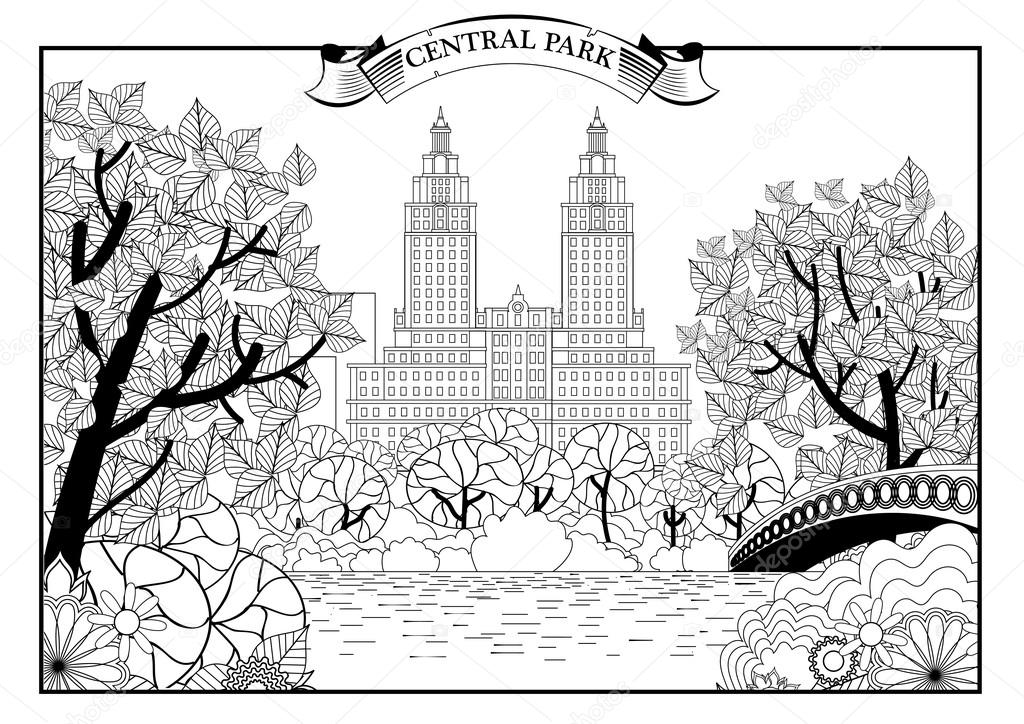 Landscape of Central Park in New York. USA. Black and white graphic. Vector illustration.