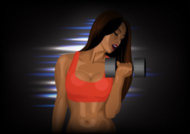 Fitness kız dumbbells ile. Fitness ışık efektleri ile siyah arka plan üzerinde. Vektör çizim.