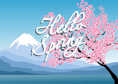 Sezon sakura Fuji Dağı'nın arka plan, Merhaba bahar yazı. Vektör çizim