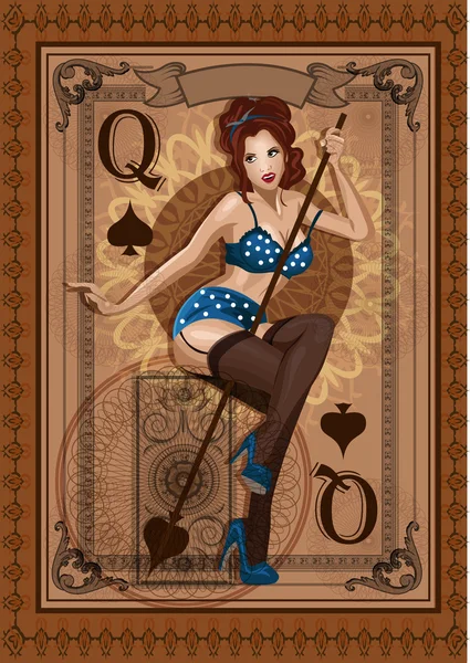 Playing Card Design. Queen of Spades. Retro pin up style. Vector illustration. — Stock Vector