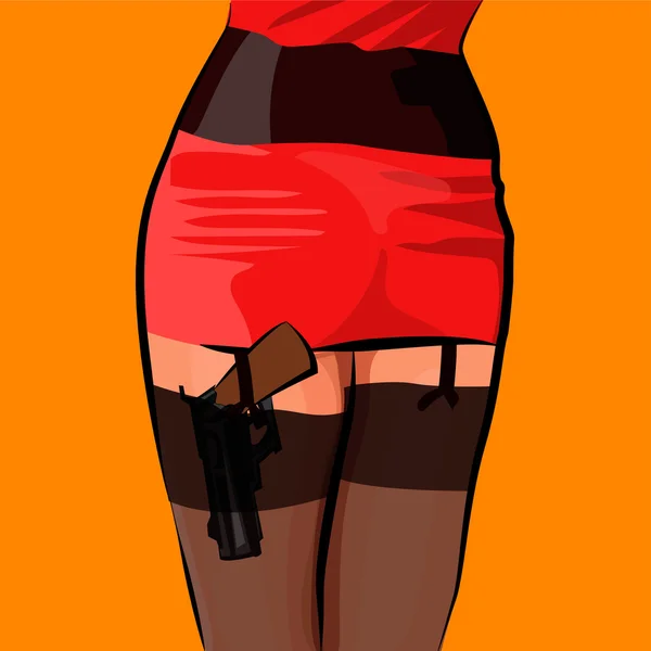 Chica en vestido rojo con una pistola en medias. Ilustración vectorial — Vector de stock