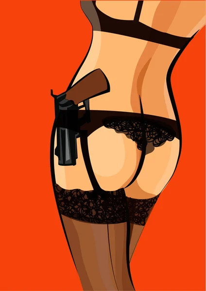 Девушка в нижнем белье с пистолетом в чулках. Векторная иллюстрация — стоковый вектор