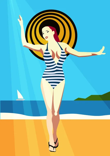 Девушка в шляпе на пляже. Летняя девочка. Векторная иллюстрация — стоковый вектор