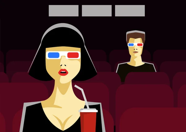 Mujer y hombre sentados en el cine y viendo una película. Ilustración vectorial colorida — Vector de stock