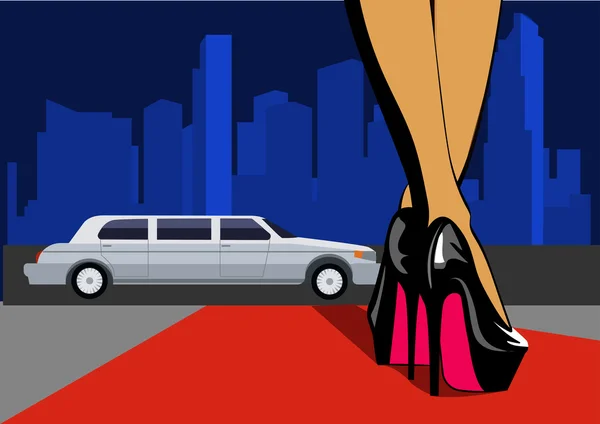 Sexy pierna con la ciudad. Las piernas femeninas en tacones altos caminan sobre la alfombra roja. Ilustración vectorial — Vector de stock