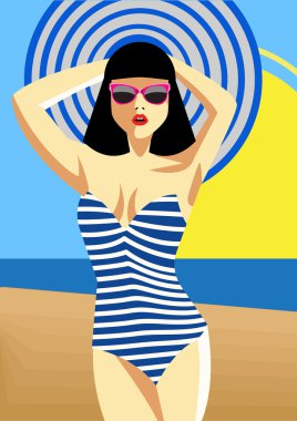 Kadın sahilde çizgili bir mayo içinde. Vektör çizim