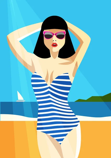 Woman in a striped bathing suit on the beach. Vector illustration — Stock Vector