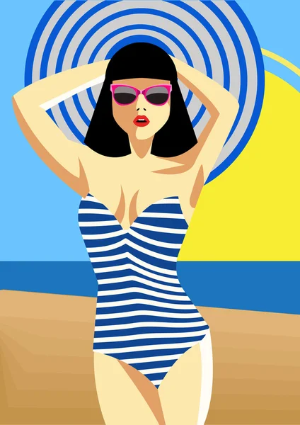 Frau in gestreiftem Badeanzug am Strand. Vektorillustration — Stockvektor