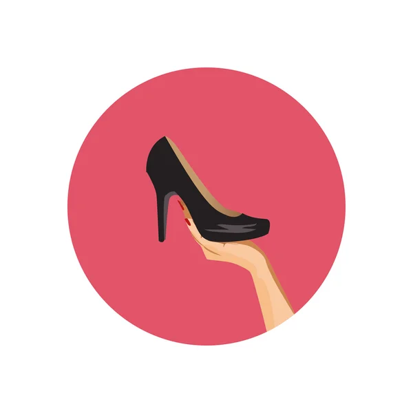 Mano femenina con zapato - ilustración que representa la mano de una mujer sosteniendo zapatos de tacón alto. Existencias de vectores — Vector de stock