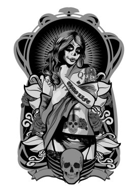 Vektör Illustration güzel bir kadın. Chicano dövme stil.