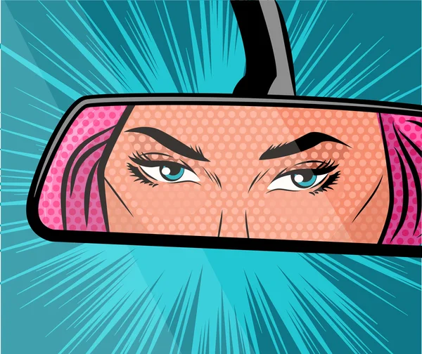 Beautiful pop art girl looks in the mirror of car. Vector illustration — Stock Vector