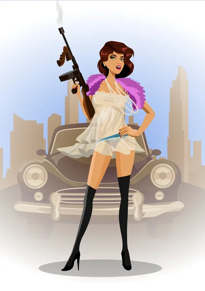 Sexy gangster menina segurando thompson metralhadora. Em pé sobre um fundo da cidade em frente ao carro retro. Ilustração vetorial — Vetor de Stock