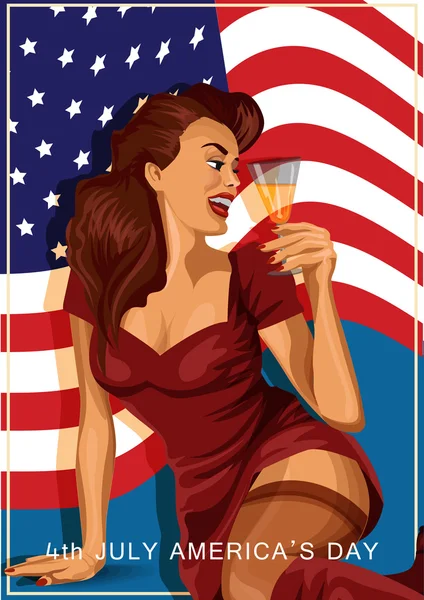 Ilustración vectorial de mujer sexy retro sosteniendo una copa de champán con bandera americana en el fondo, Día de la Independencia Americana . — Vector de stock