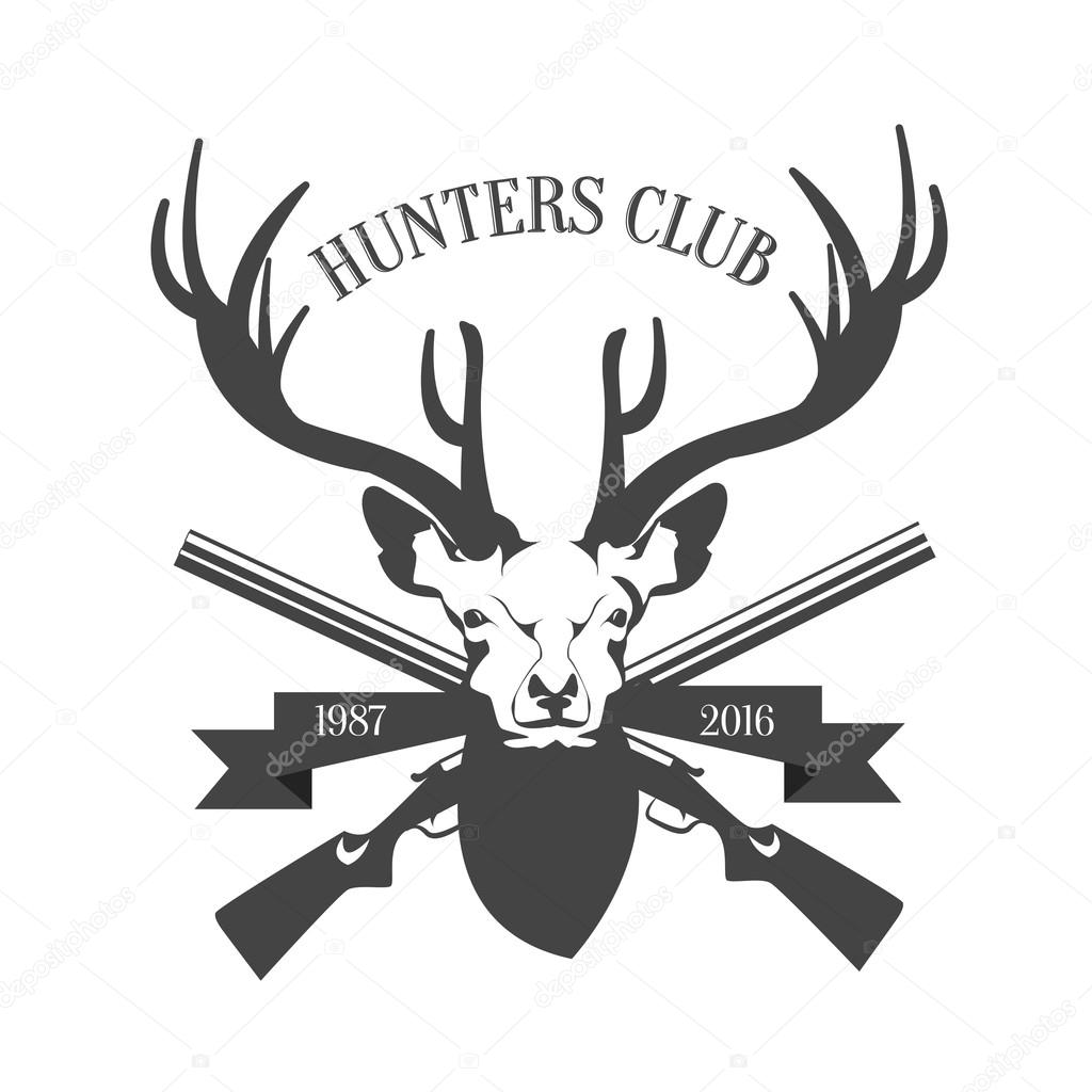 Hunting Club Logo Template. Deer Head and Horns Silhouette Isolated On White Background.