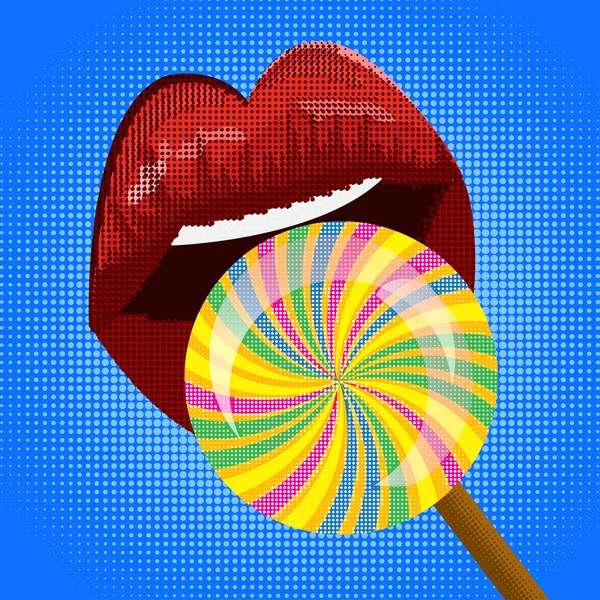 Lips with lollipops. Halftone style illustration. — Stock Vector