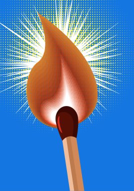 Nokta arka planda parlayan ateş ile maç. Pop art comic stili - vektör çizim.