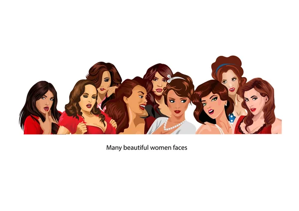 Enfrenta a muchas mujeres hermosas. Ilustración vectorial . — Vector de stock