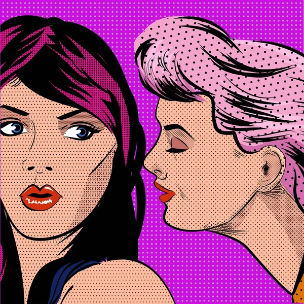 Mulher contando segredos, fofocando meninas pop arte retro estilo ilustração — Vetor de Stock